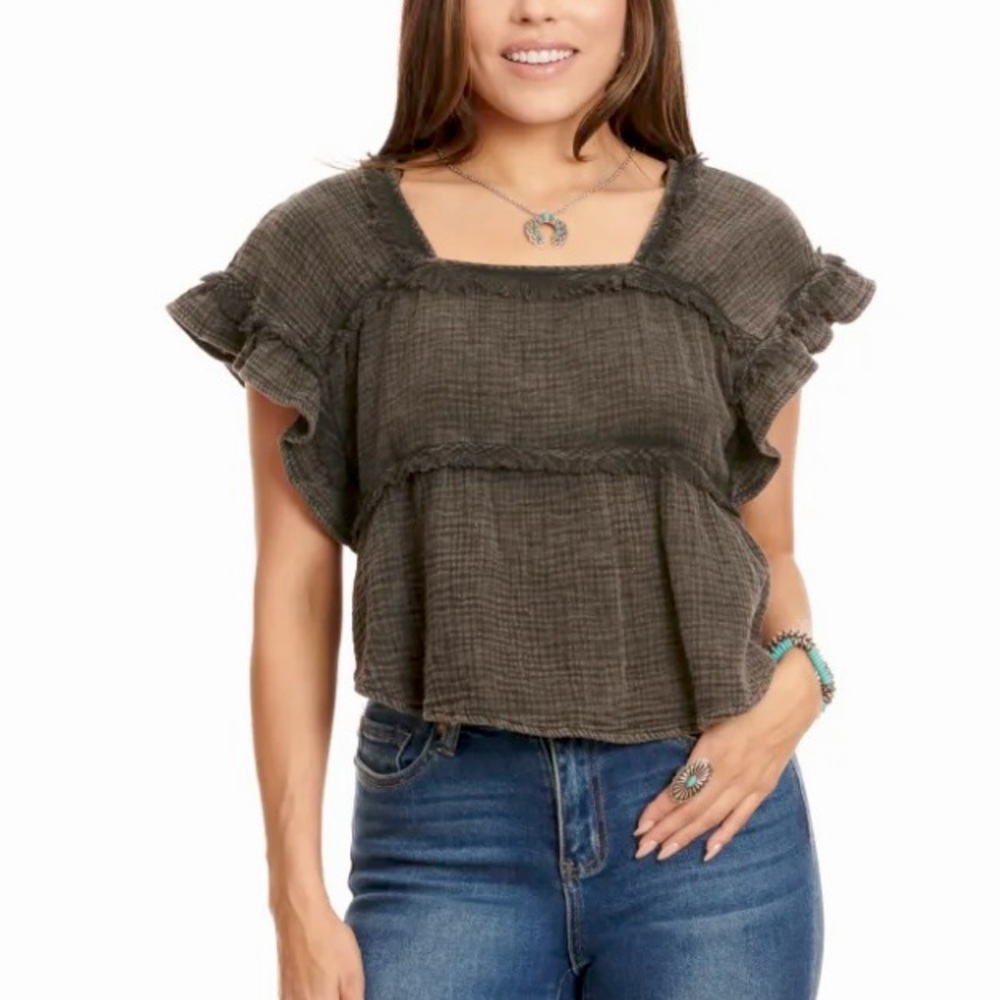 NWOT: Black Small Cotton Babydoll Ruffle Tee